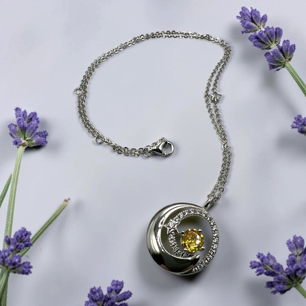 925 Sterling Silver Genuine Citrine Crescent Moon Pendant Necklace Celestial